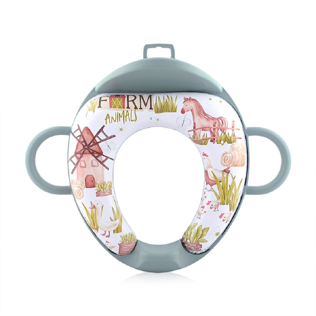 Grüner Toilettensitz für Kinder mit Tiermotiven und Griffen.