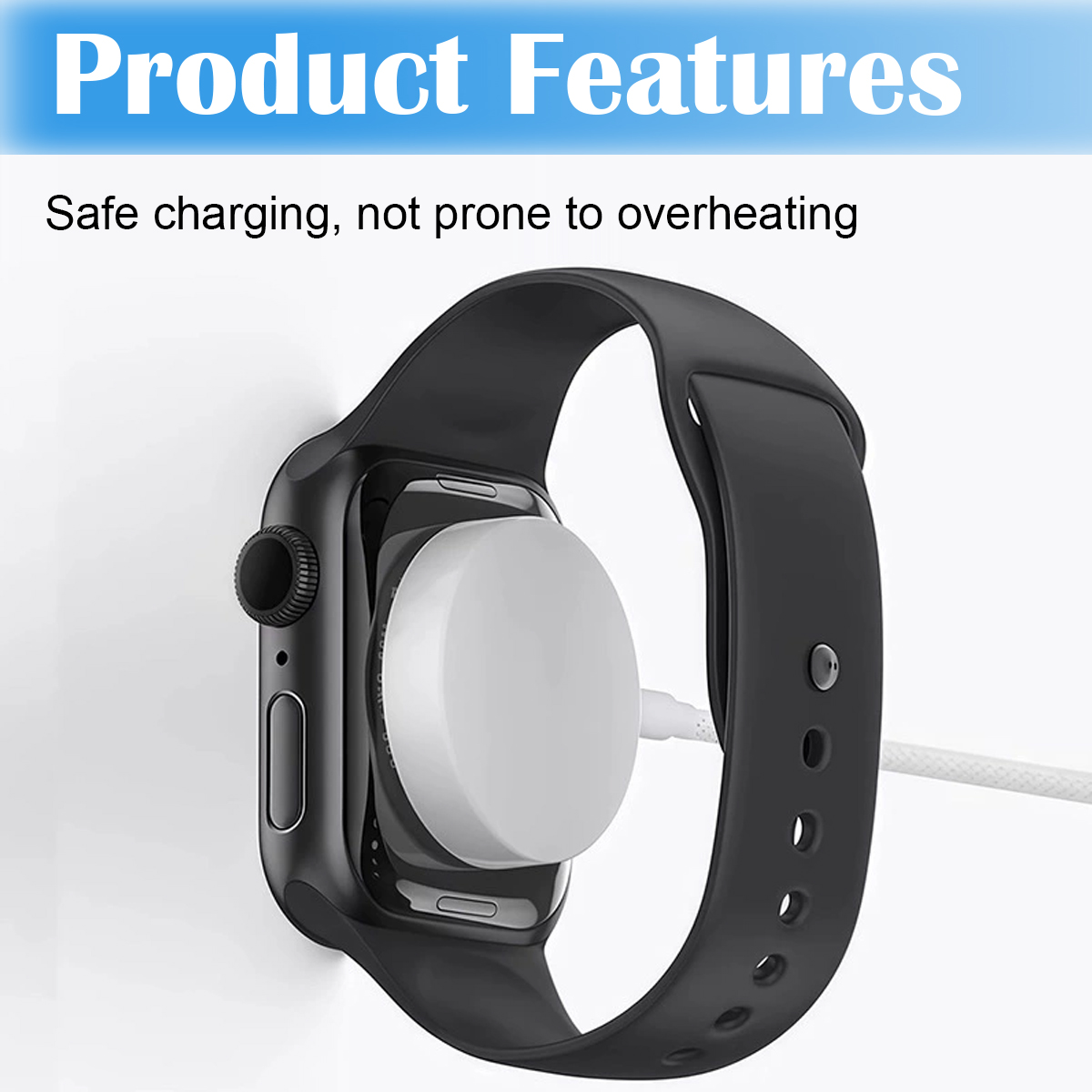 Eine schwarze Smartwatch mit einem weißen magnetischen Ladekabel, das an der Rückseite befestigt ist.