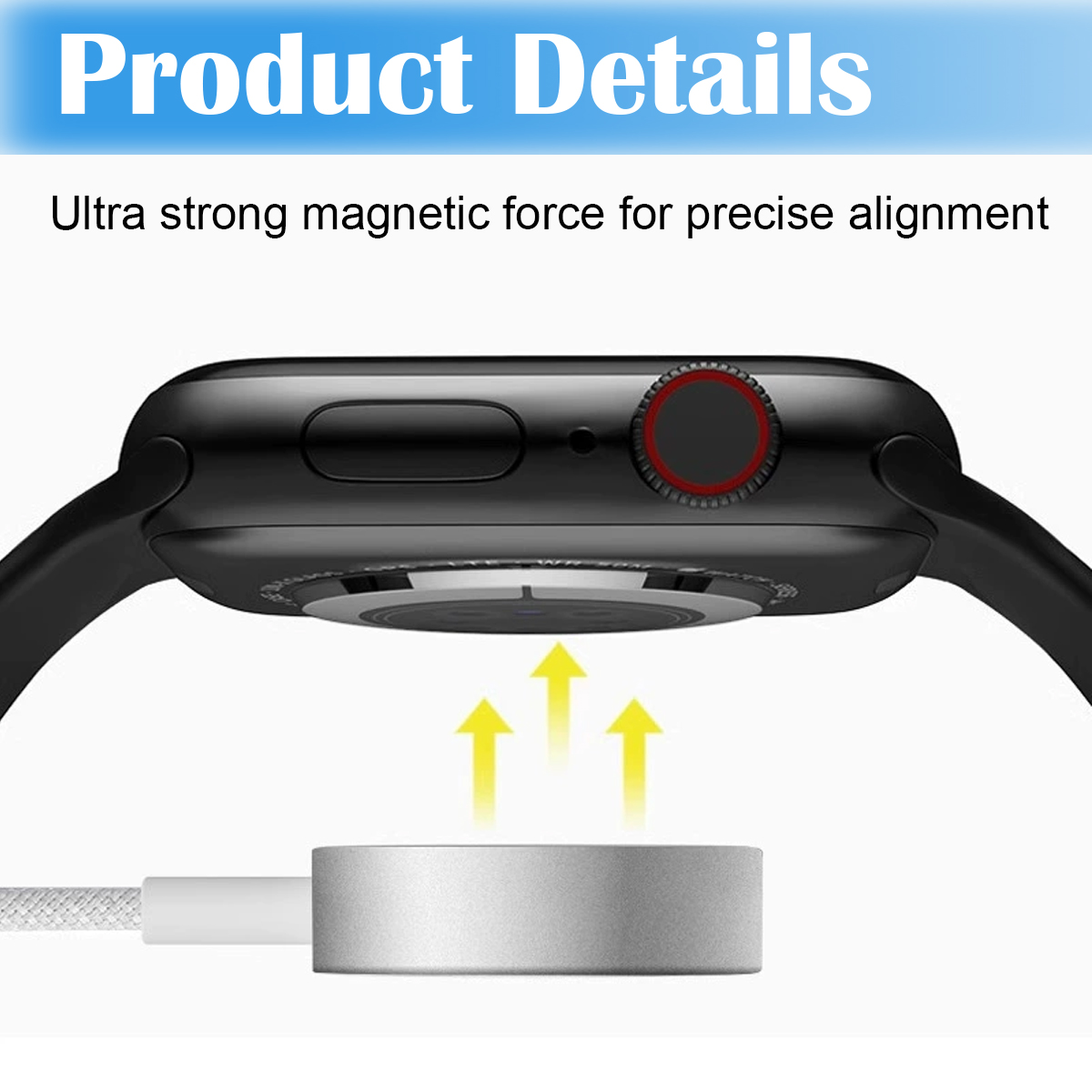 Eine schwarze Smartwatch über einem magnetischen Ladegerät mit gelben Ausrichtungspfeilen.