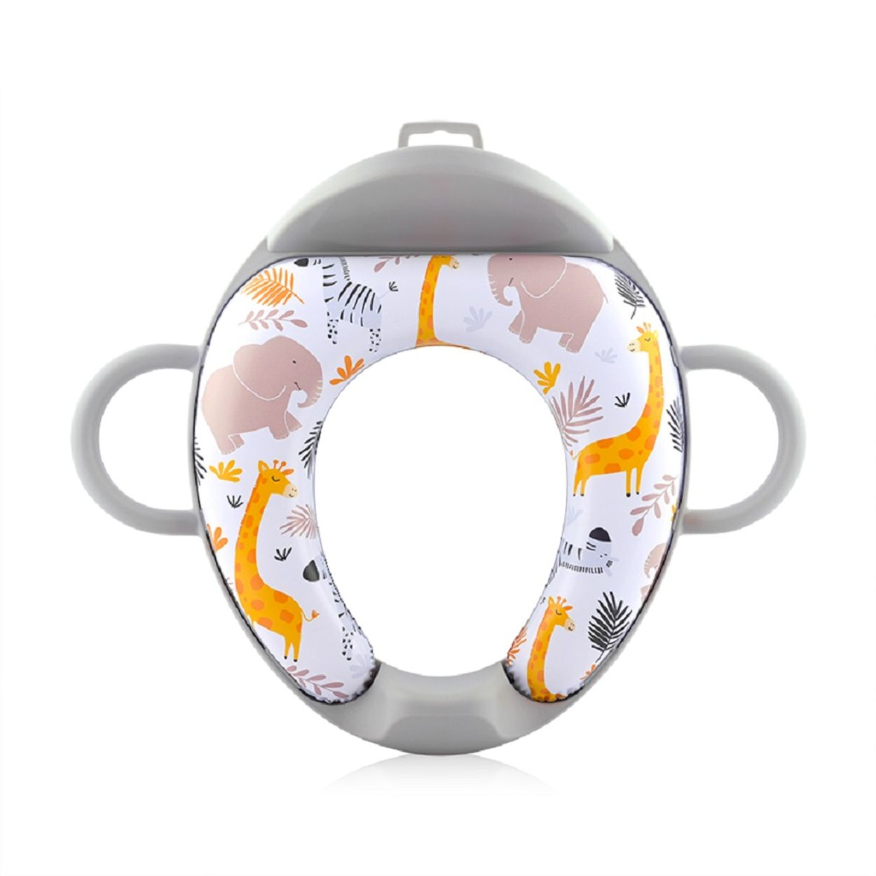 Ein grauer gepolsterter Kleinkind-Toilettensitz mit Griffen und einem Safaritier-Muster mit Giraffen, Elefanten und Zebras.
