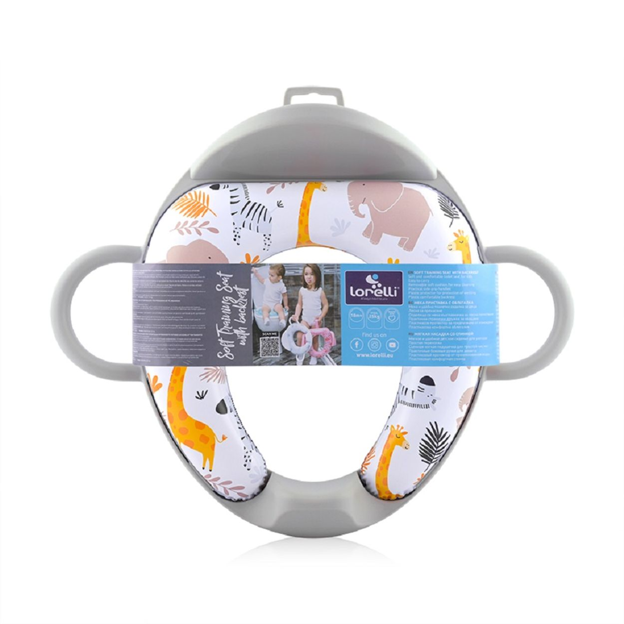 Grauer Babytraining-Toilettensitz mit Safari-Muster, Rückenlehne und Haltegriffen.