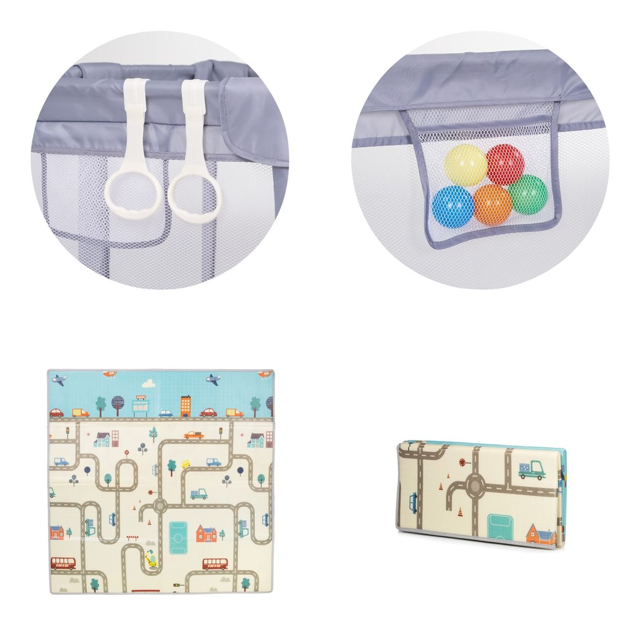 Set zeigt Playpen-Details mit Griffen, Netztasche mit bunten Bällen und eine faltbare Spielmatte mit Straßenmuster.