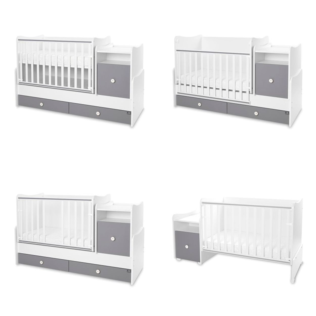 Vier Ansichten eines multifunktionalen weißen und grauen Babybettes mit integrierter Kommode und Schubladen.