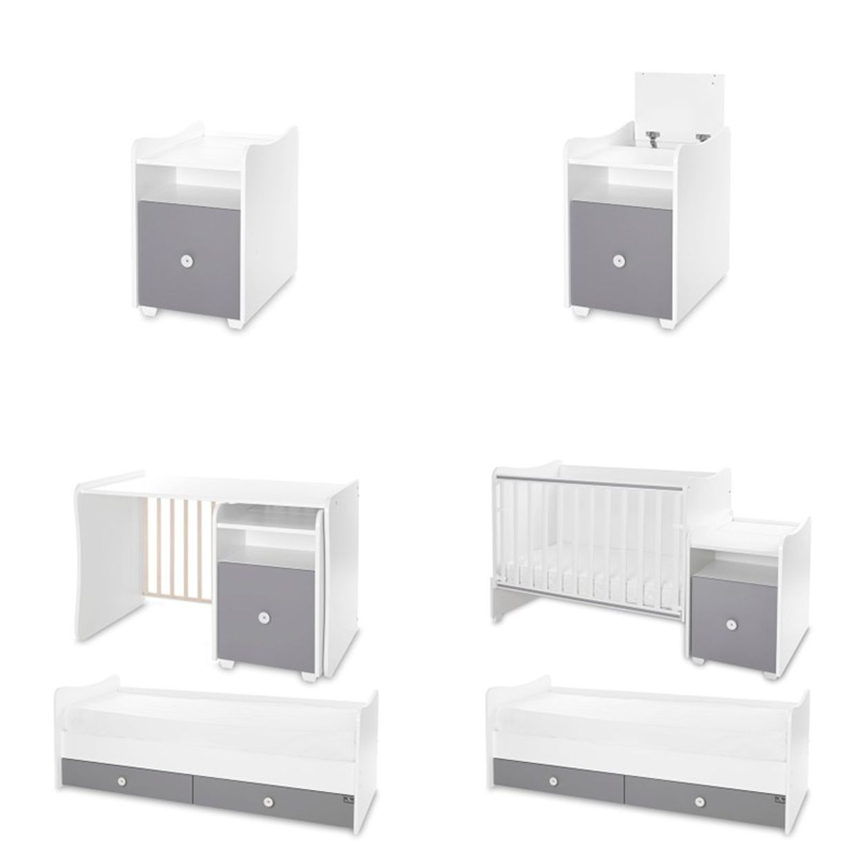 Modulares weiß-graues Kindermöbelset, das sich in eine Wiege, einen Schreibtisch und ein Bett umwandeln lässt.