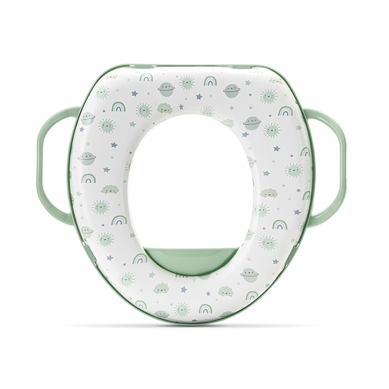 Grüner Kindertoilettensitz mit niedlichem Wetter-Muster, Haltegriffen und weißem Hintergrund.