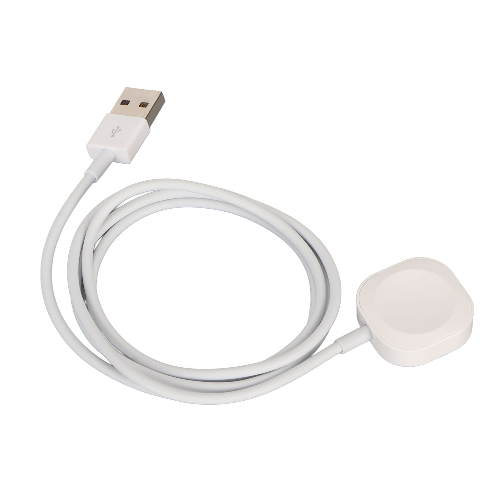 Ein weißes USB-Ladekabel mit einem runden Ladepad an einem Ende und einem USB-A-Anschluss am anderen.