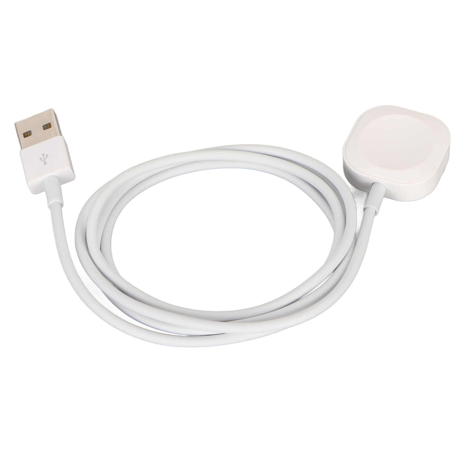 Ein weißes Smartwatch-Ladekabel mit USB-A-Anschluss auf weißem Hintergrund.