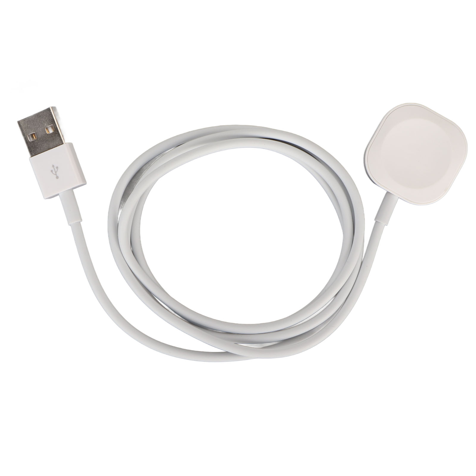 Ein weißes magnetisches Smartwatch-Ladekabel mit USB-Anschluss vor weißem Hintergrund.