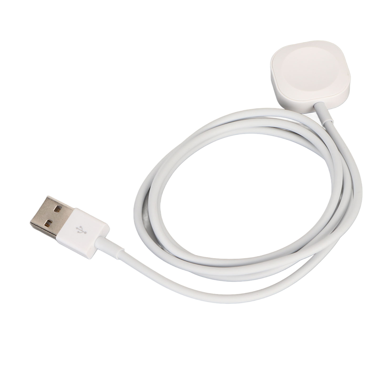Ein weißes USB-Ladekabel mit einem runden magnetischen Lade-Pad auf weißem Hintergrund.