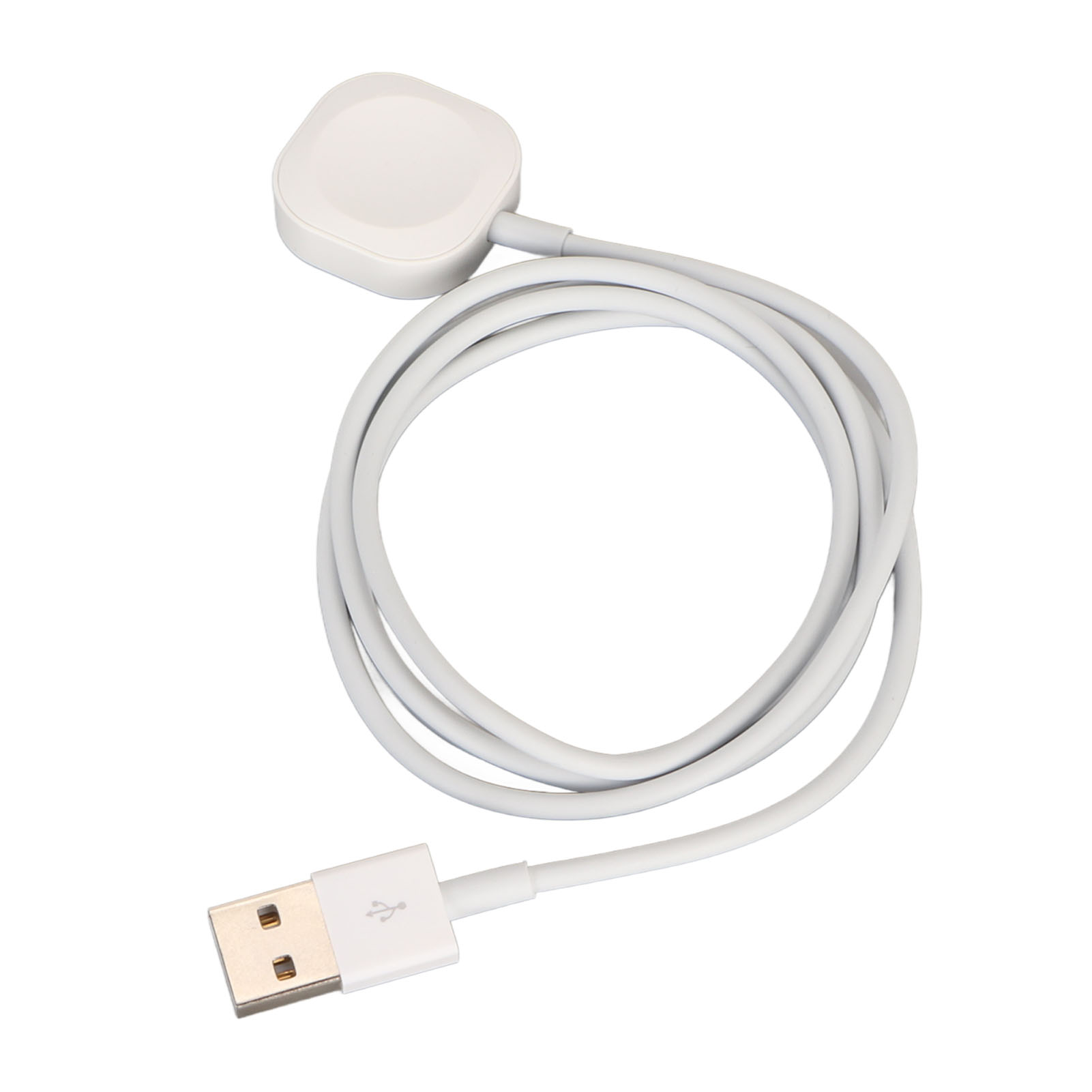Ein weißes Ladekabel mit einem USB-Anschluss und einer quadratischen Ladepatte auf weißem Hintergrund.