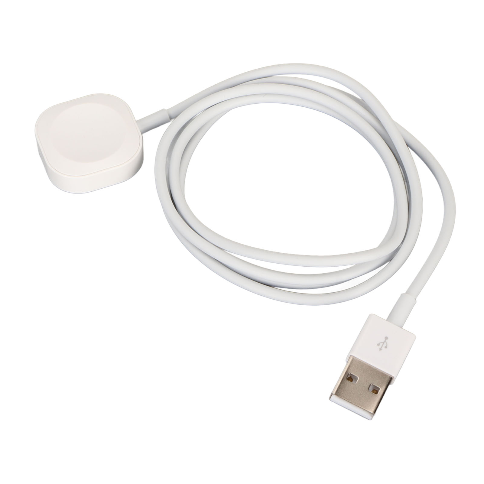 Ein weißes Ladekabel mit einem USB-Anschluss und einem runden magnetischen Ladeelement auf weißem Hintergrund.