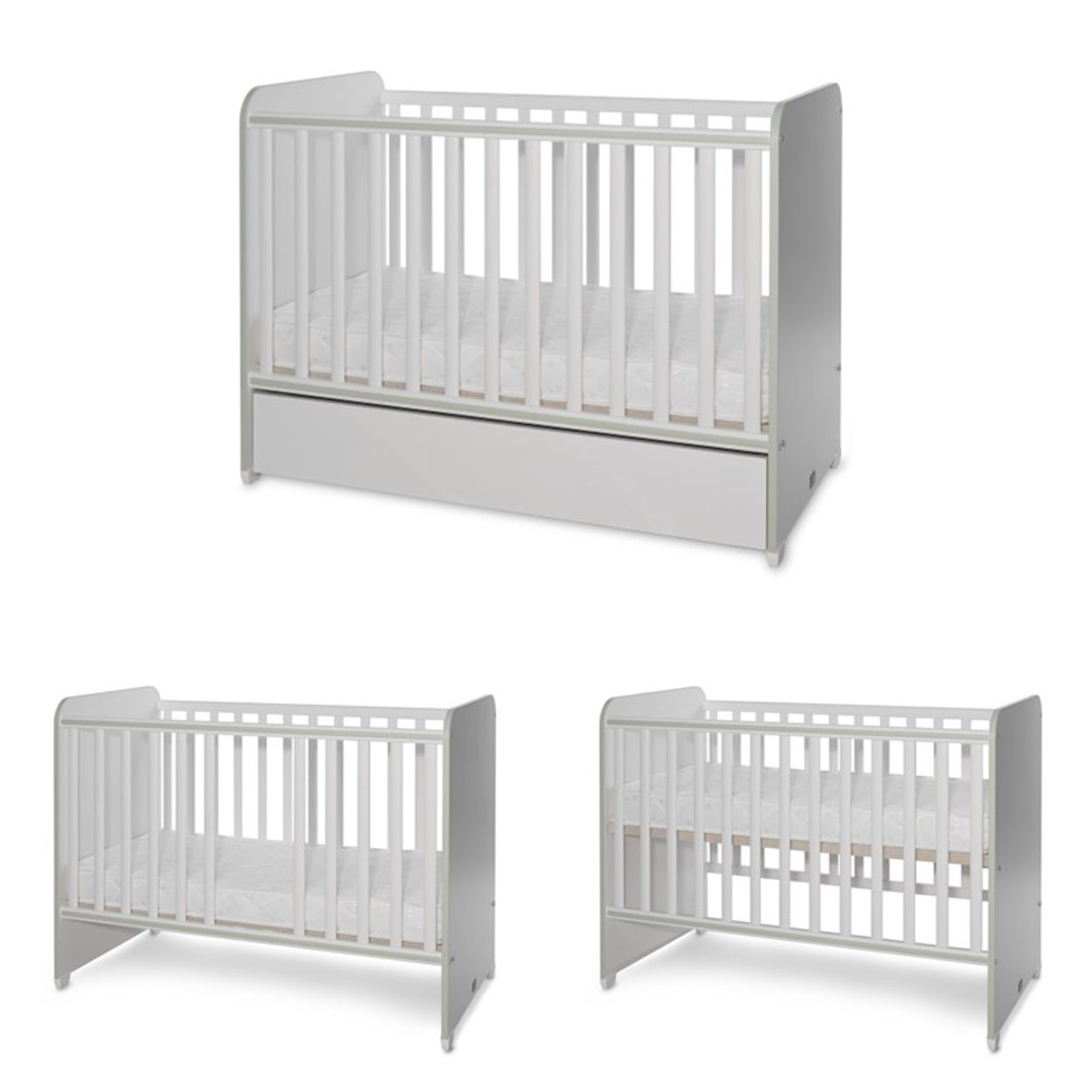Drei weiße und graue Babybetten mit Matratzen und integrierter Schublade.