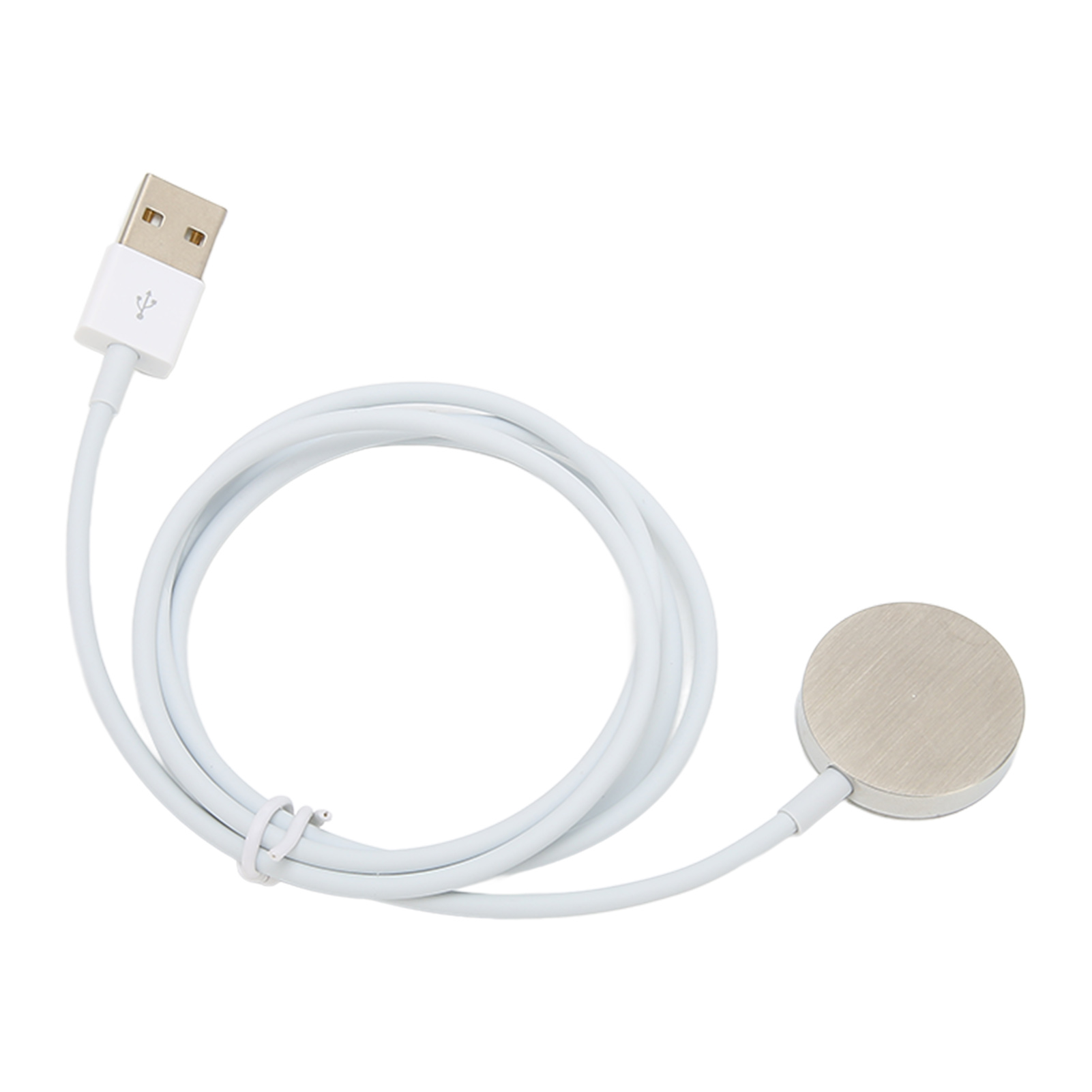 Ein weißes Smartwatch-Ladekabel mit USB-Anschluss und runder magnetischer Ladefläche auf weißem Hintergrund.