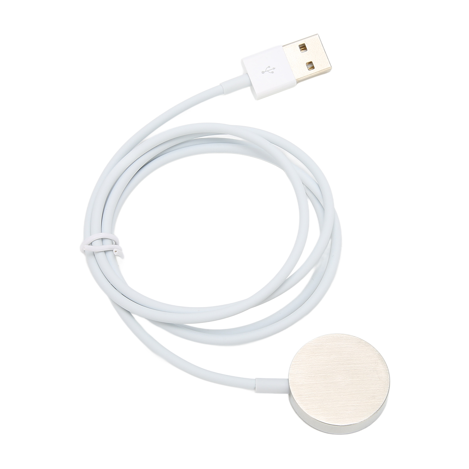 Ein weißes USB-Ladekabel mit einem runden, silbernen magnetischen Ladepunkt auf weißem Hintergrund.