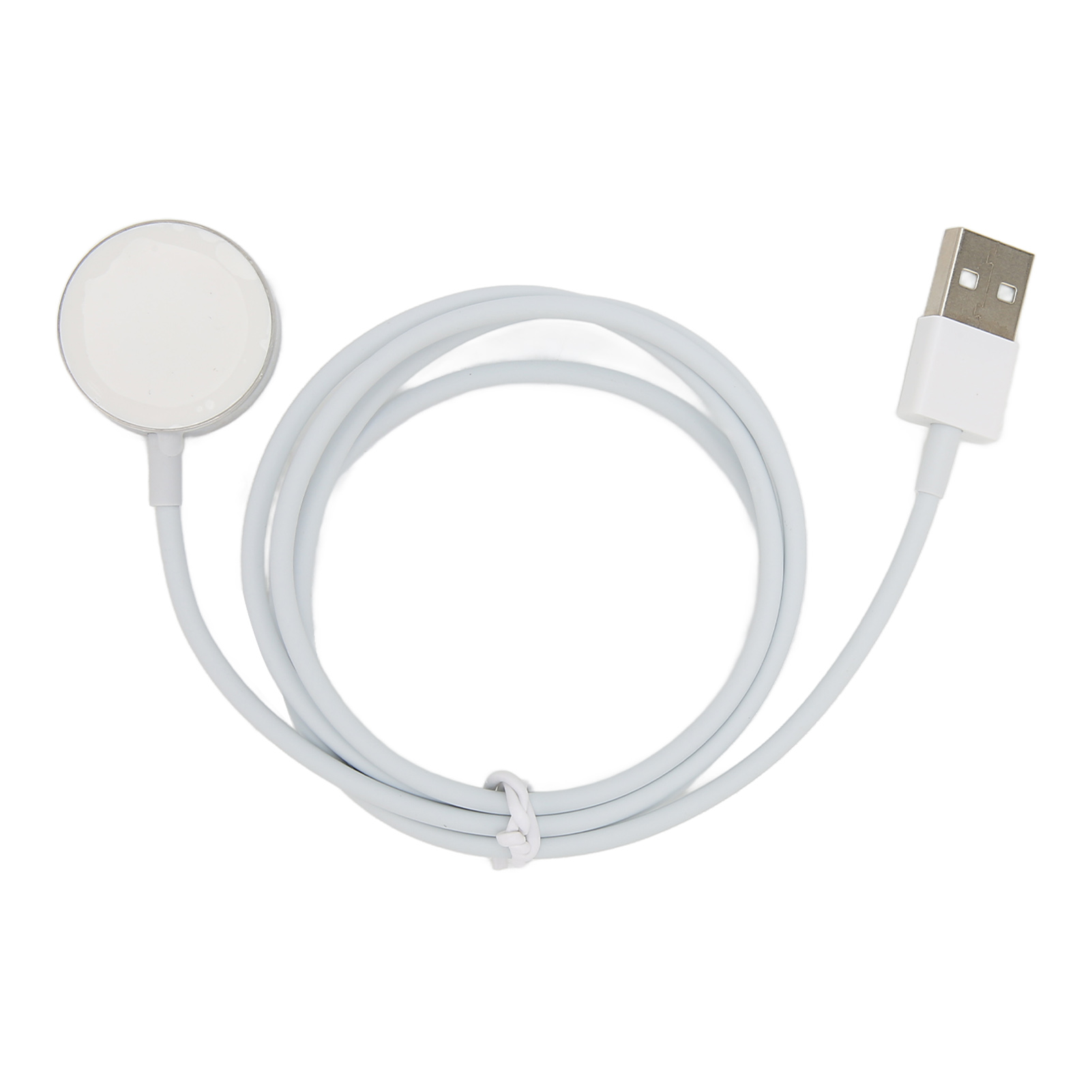 Ein weißes Ladekabel mit einer runden magnetischen Ladefläche links und einem USB-A-Anschluss rechts auf weißem Grund.
