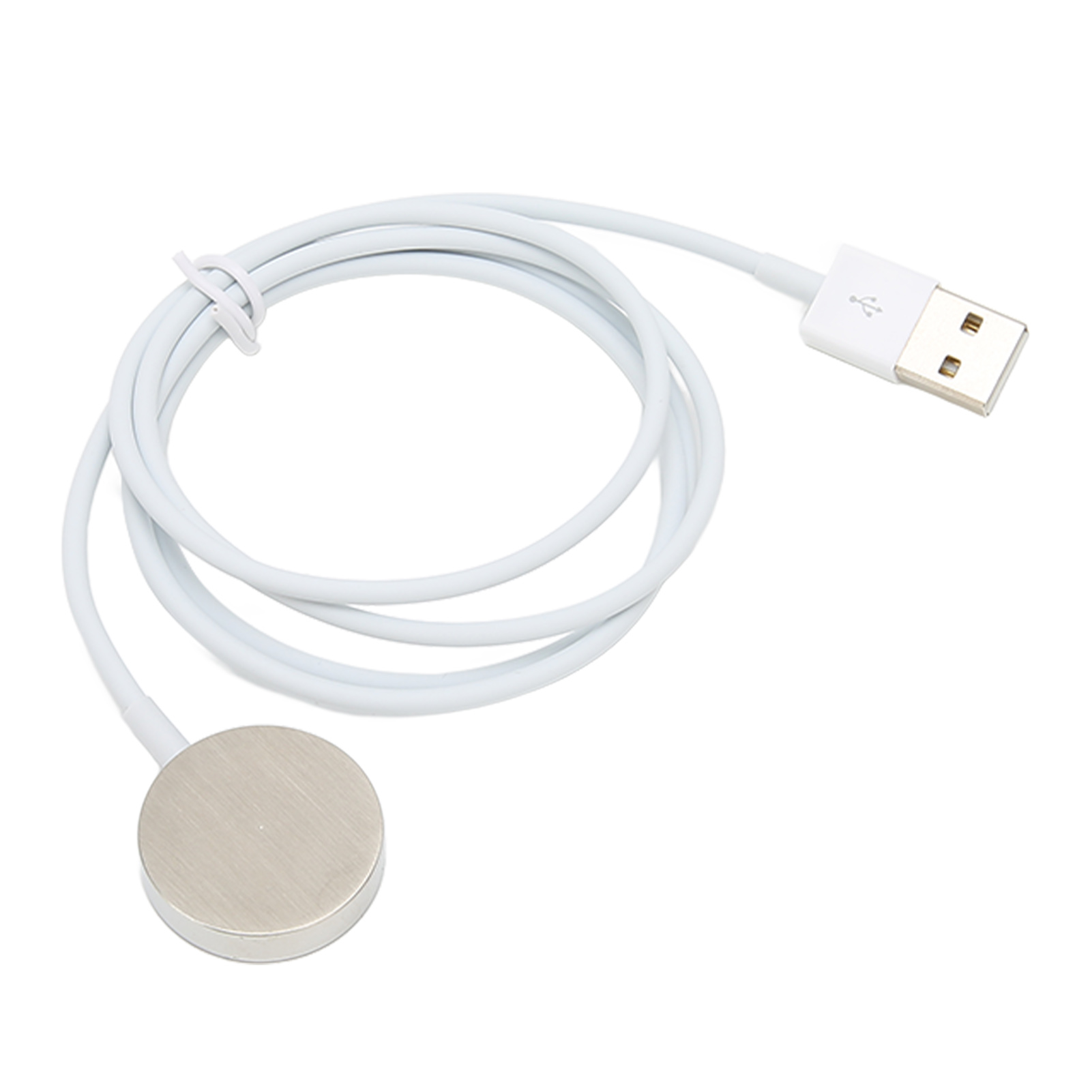 Ein aufgerolltes, weißes Smartwatch-Ladekabel mit rundem Magneten und USB-Stecker vor weißem Hintergrund.