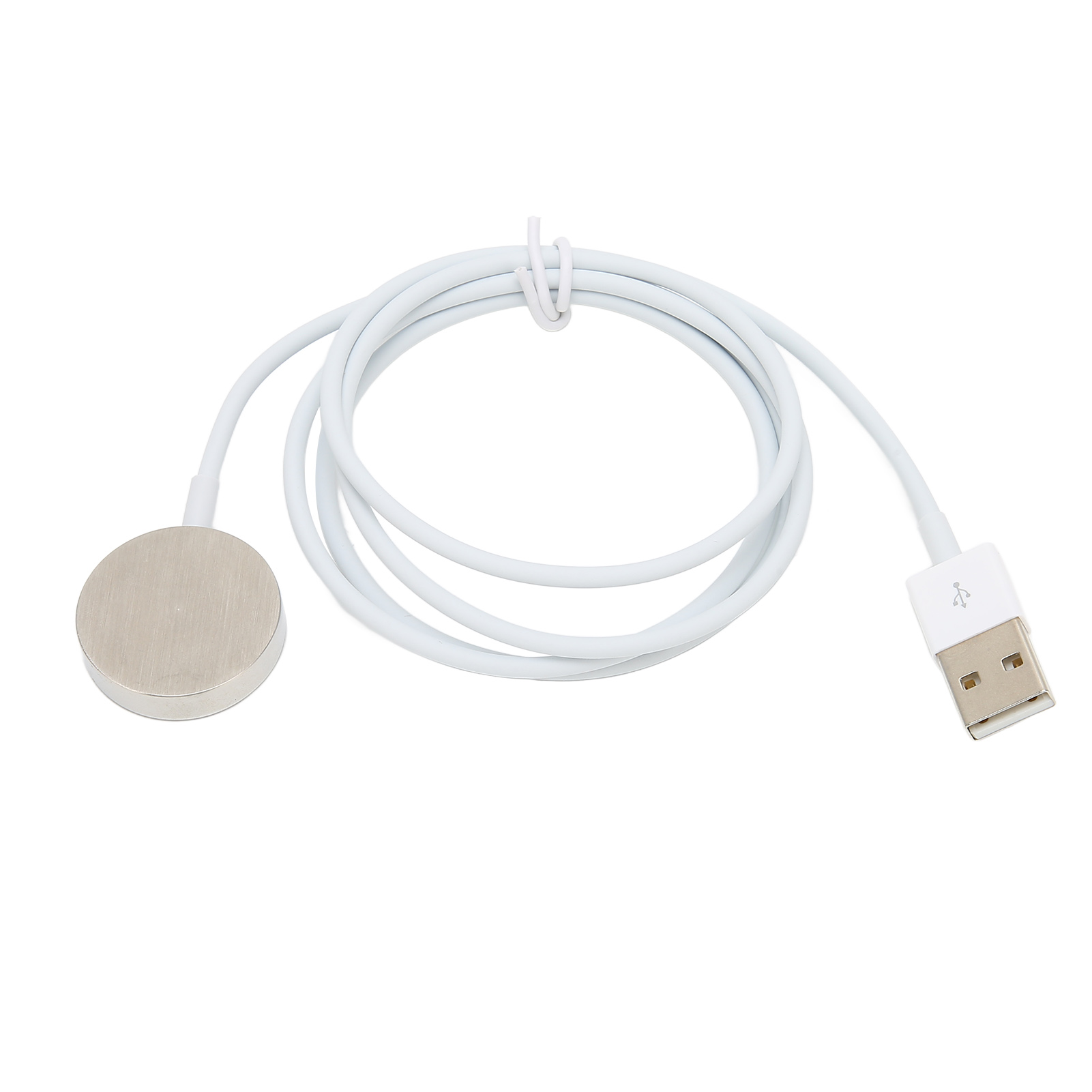Ein weißes Ladekabel mit einer runden magnetischen Scheibe und einem USB-Anschluss auf weißem Hintergrund.