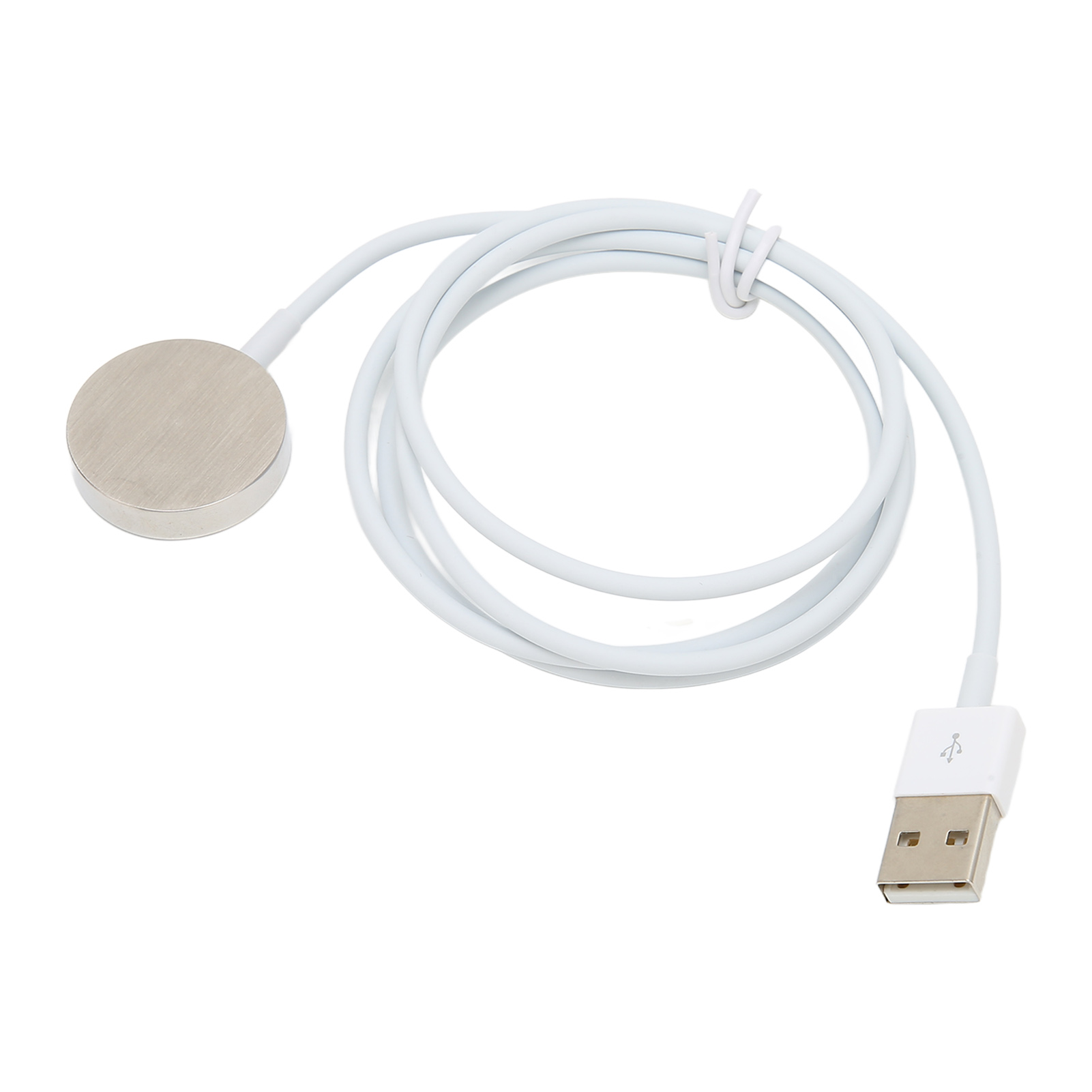 Ein weißes Smartwatch-Ladekabel mit einem runden silbernen Magnetkopf und einem USB-A-Anschluss auf weißem Hintergrund.