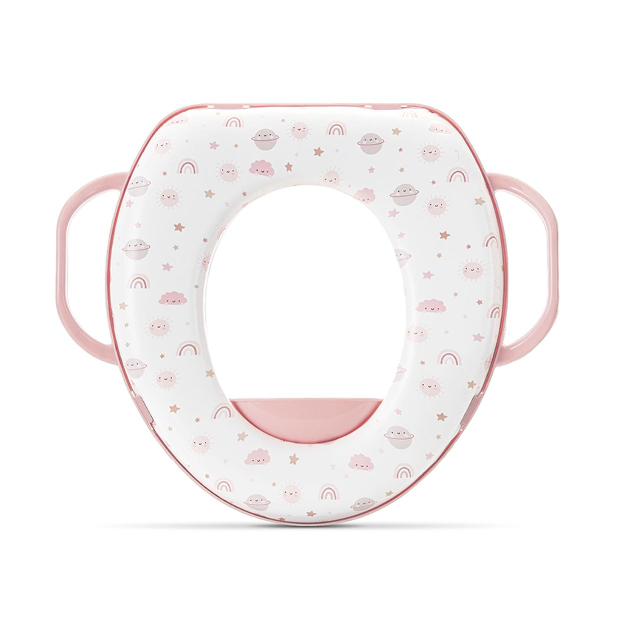 Rosa-weißer Kleinkind-Toilettensitz mit Griffen und niedlichem Himmelsmotiv auf weißem Hintergrund.