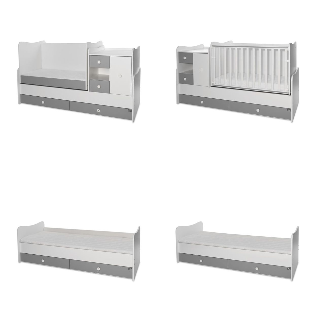 Vier Ansichten eines modularen Babybetts und Betts in Weiß und Grau mit Schubladen und verstellbaren Elementen.