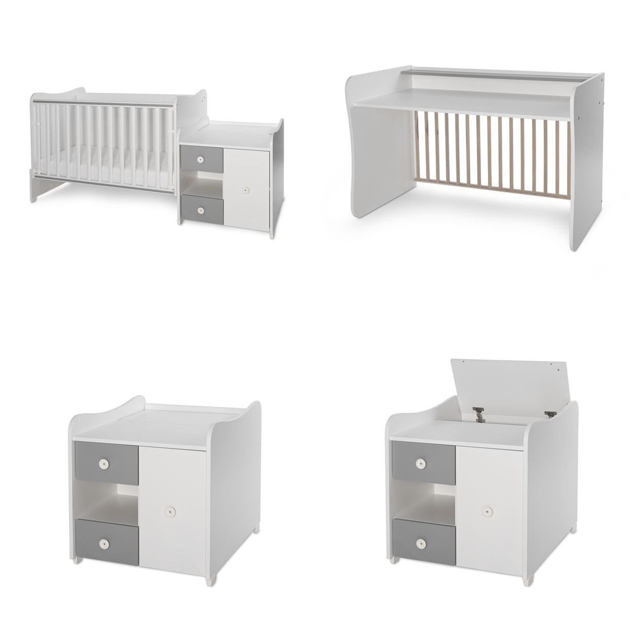 Ein weißes Babybett mit grauen Schubladen und Schrank, in verschiedenen Konfigurationen gezeigt.