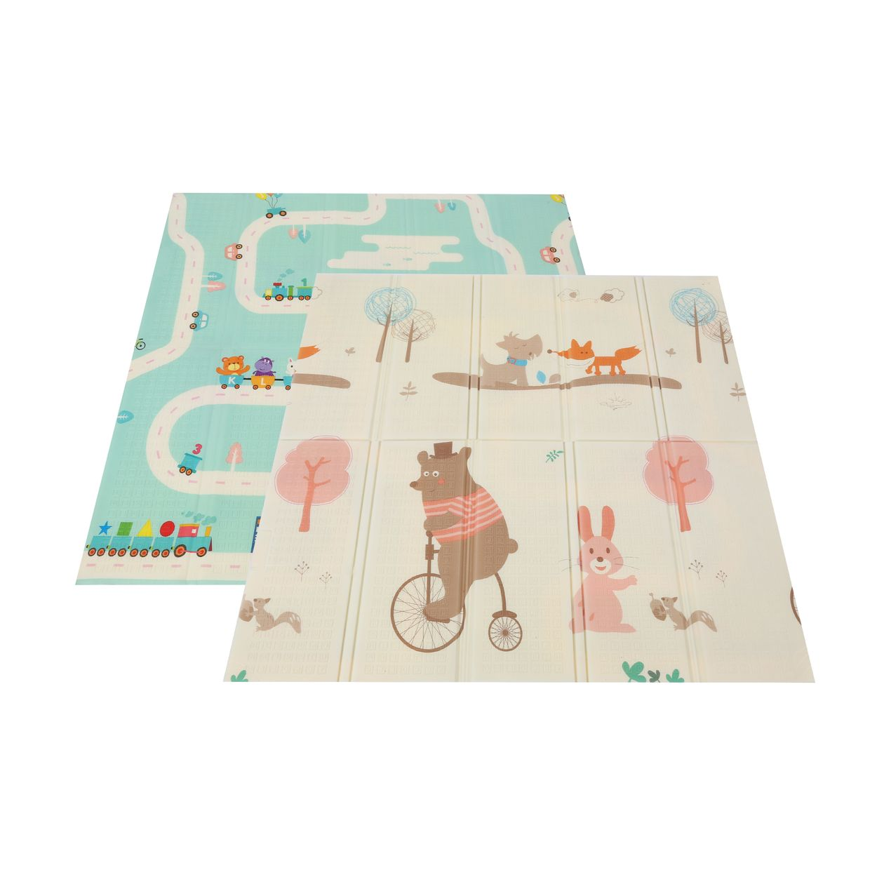 Zwei faltbare Kinderspielmatten mit Tiermotiven, Straßendesign und bunten Illustrationen.
