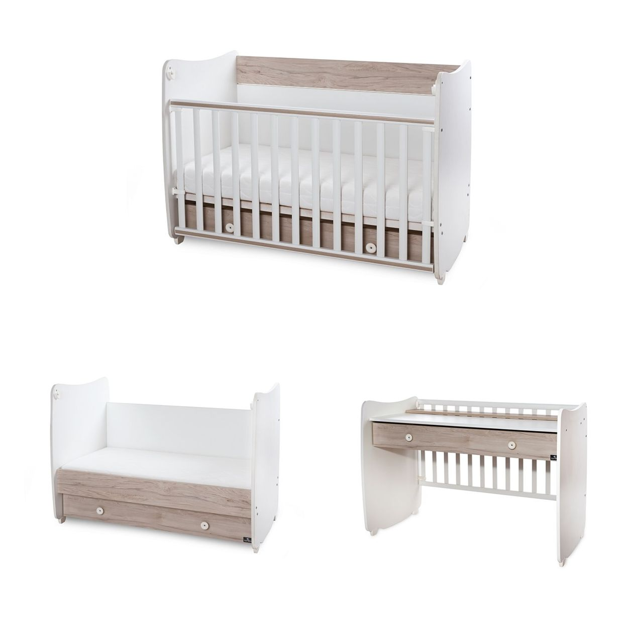 Ein weißes und holzfarbenes Kinderbett, das zu einem Bett und einem Schreibtisch umgebaut werden kann.