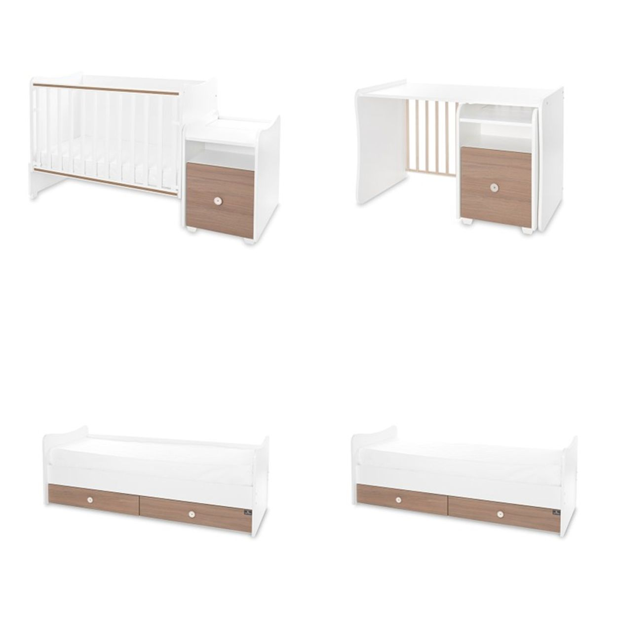 Ein weißes modulares Kinderbett, das sich in einen Schreibtisch und ein größeres Bett umbauen lässt.