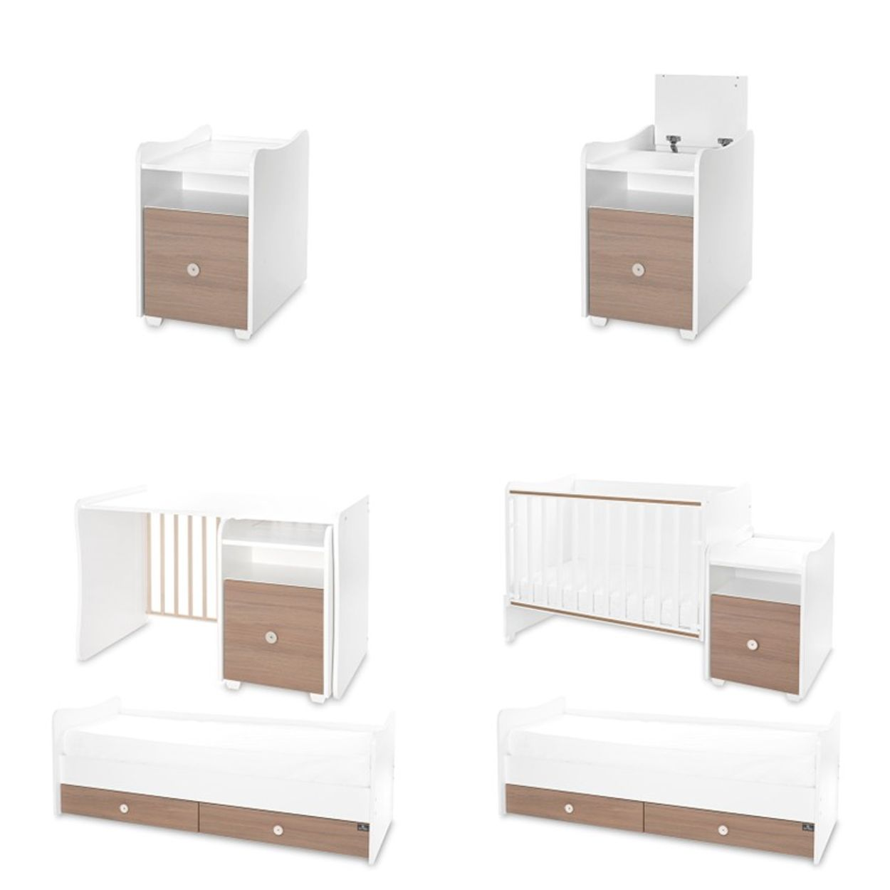 Modulares weißes und holzfarbenes Kinderbett- und Möbelset auf weißem Hintergrund.