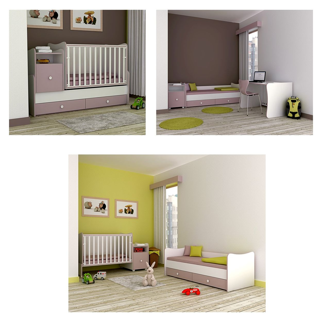 Ein Kinderzimmer mit rosa-weißen Möbeln, darunter ein Gitterbett, ein Einzelbett, ein Schreibtisch und Spielzeug auf dem Holzboden.