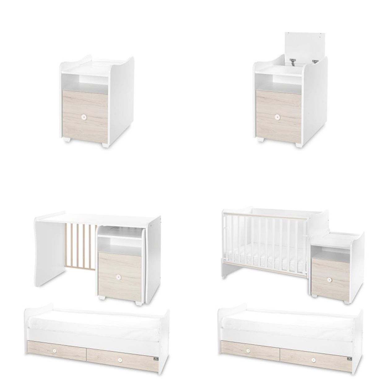 Möbelset in Weiß und Holz mit Wickeltisch, Gitterbett, Schreibtisch und Bett auf weißem Hintergrund.