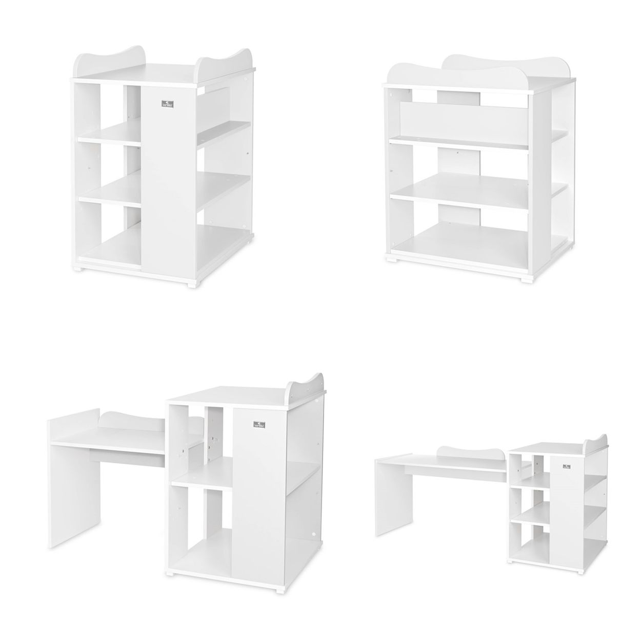 Vier Ansichten eines weißeren modularen Wickeltisches mit integrierten Regalen, der zum Schreibtisch wird.