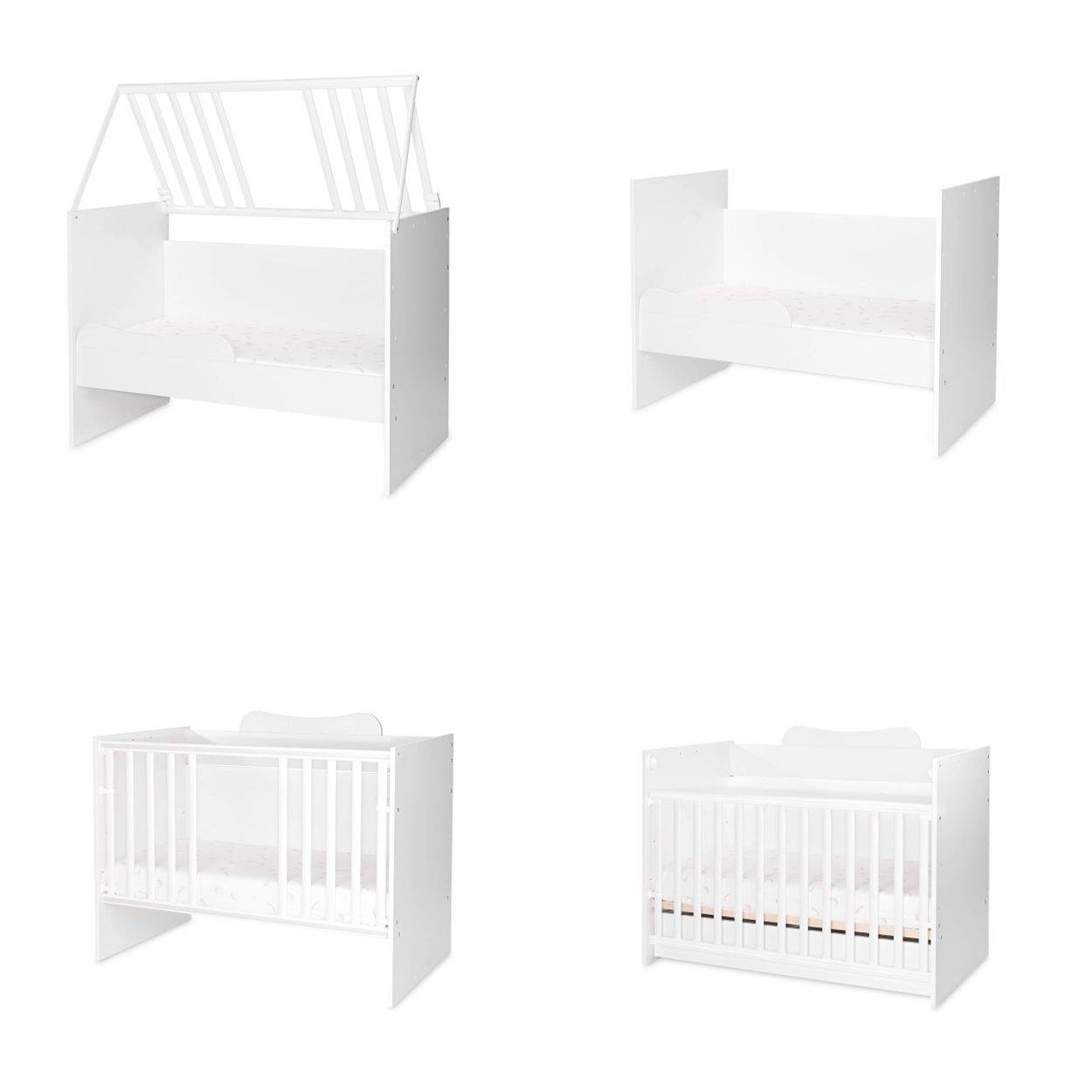Vier Ansichten eines modularen, weißen Babybetts in verschiedenen Aufbauvarianten vor weißem Hintergrund.
