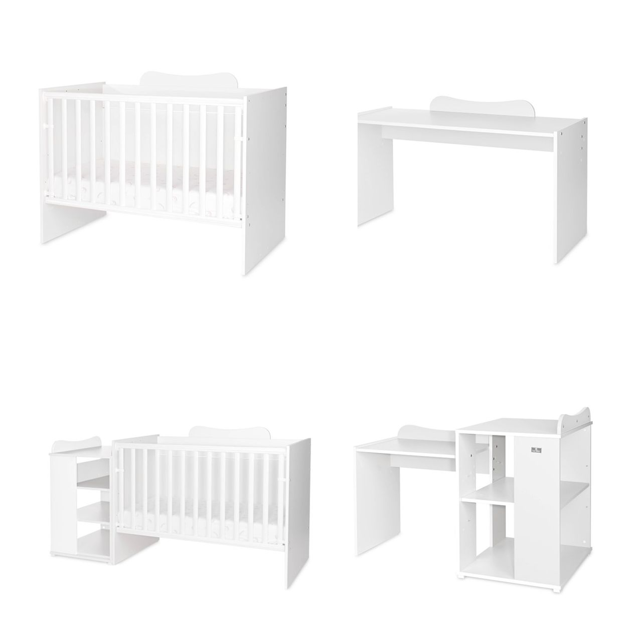 Vier Bilder zeigen ein weißes Multifunktionsmöbelstück für Kinder, wandelbar als Bett, Tisch und Regal.