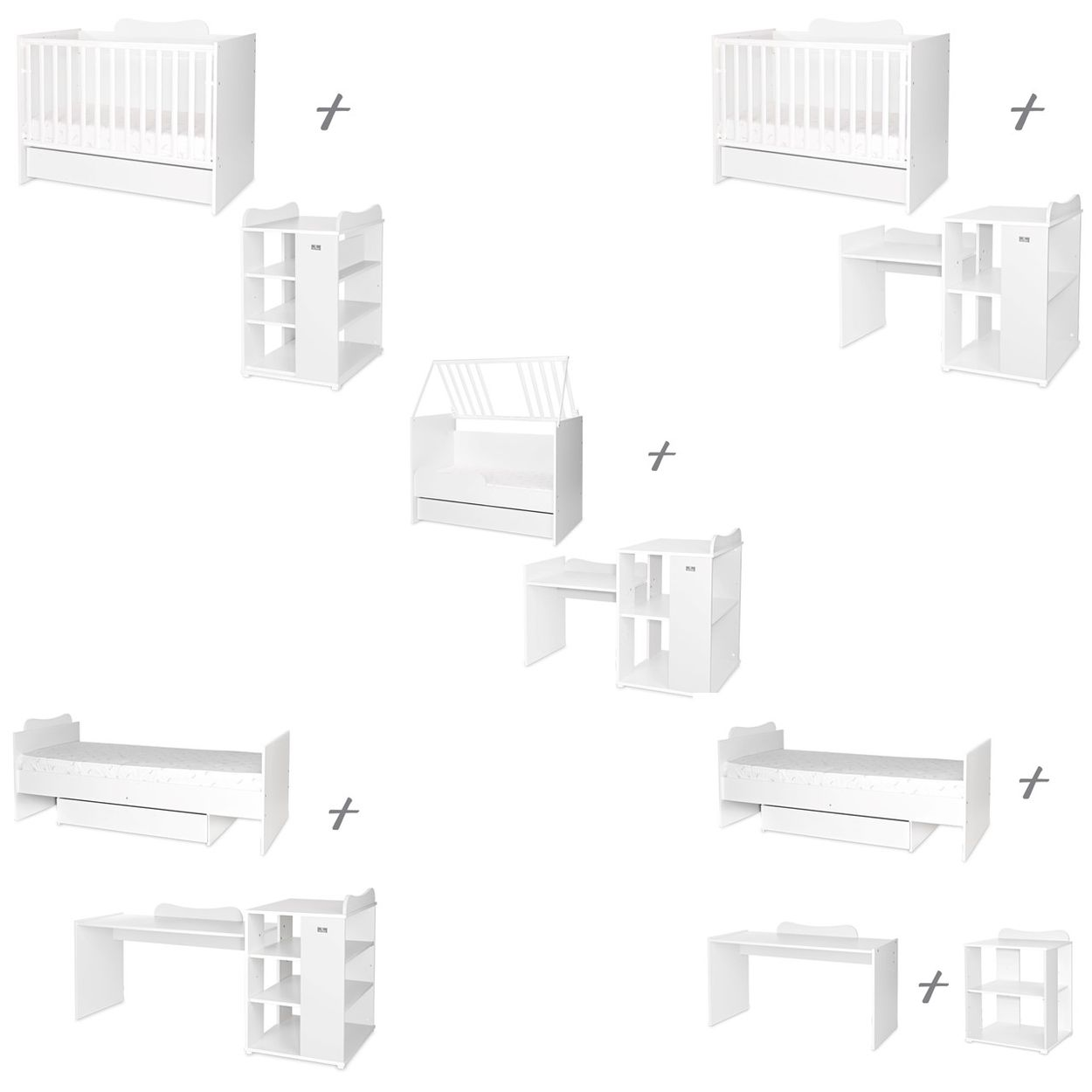 Weiße, umbaubare Babymöbel-Sets mit Gitterbetten, Schreibtischen und Regalen in verschiedenen Konfigurationen.