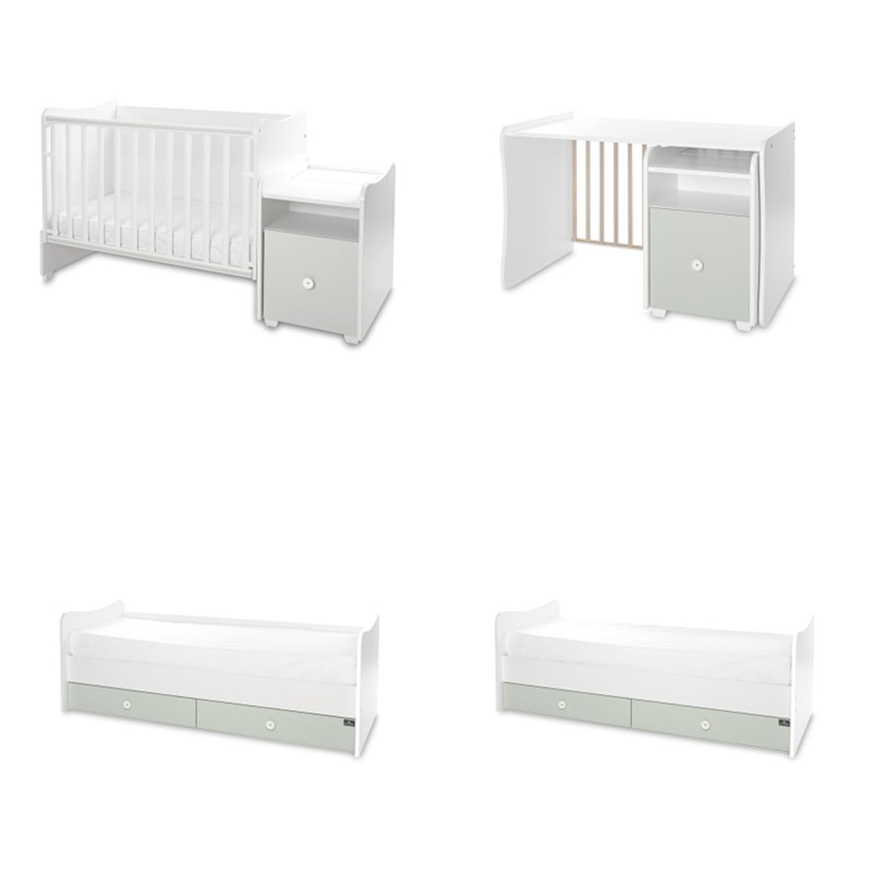 Verwandelbares weißes Babybett- und Schreibtisch-Set mit grünen Schubladen.
