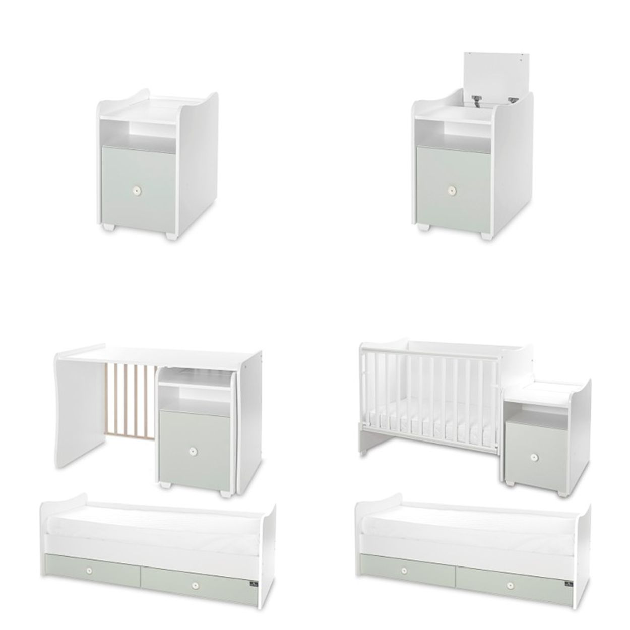 Modulares weißes und mintgrünes Kinderzimmermöbel-Set mit Bett, Schrank und Wickeltisch.