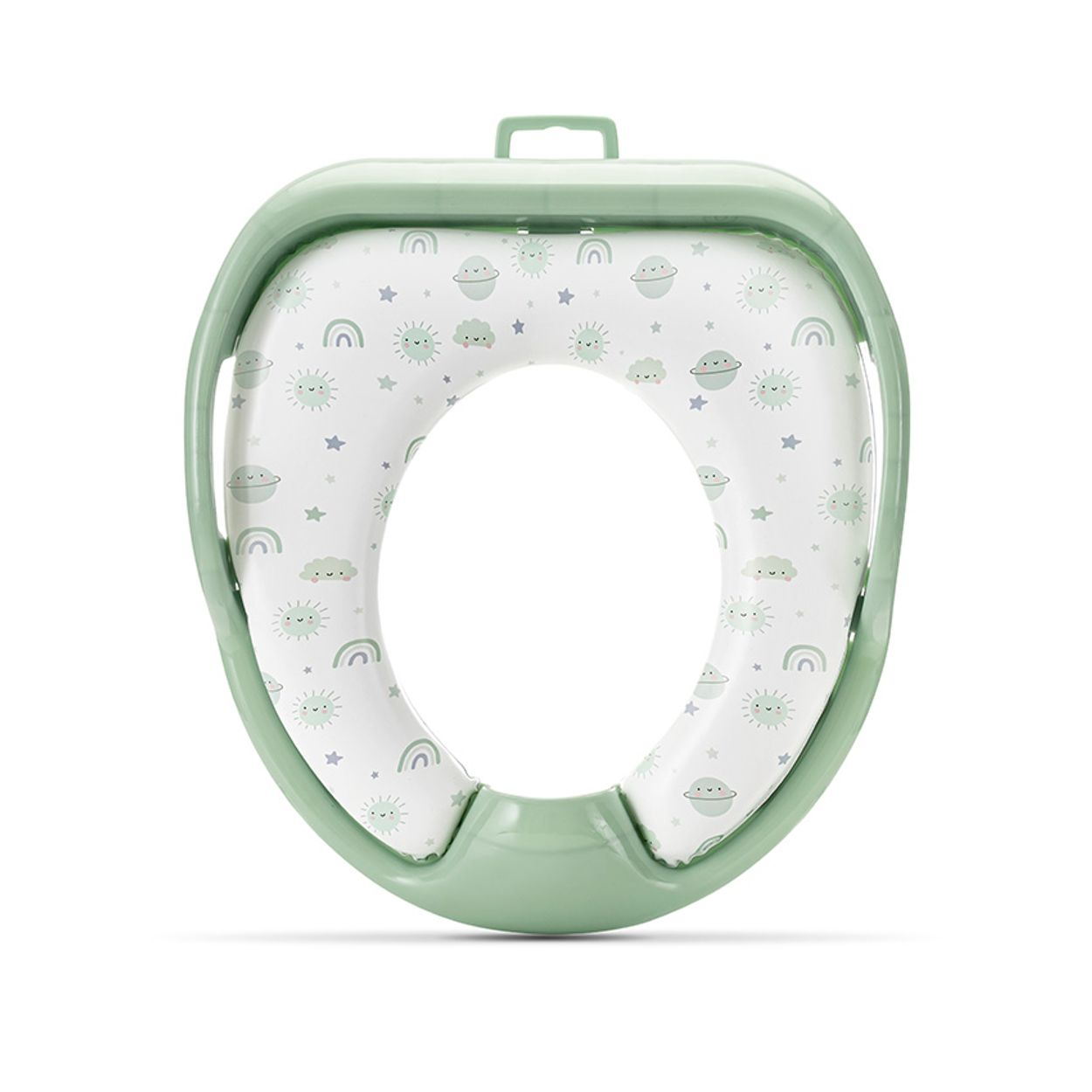 Ein hellgrüner Toilettensitz für Babys mit einem süßen Pastellmuster aus Sonnen, Planeten, Wolken und Regenbögen.