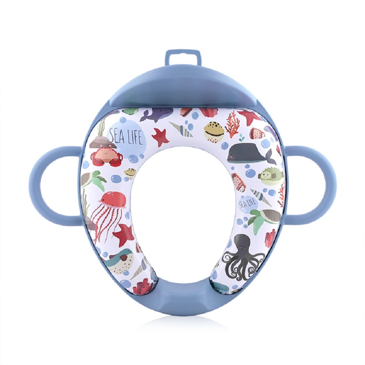 Blauer Kinder-Toilettensitz mit Meeresmotiven und praktischen Griffen.