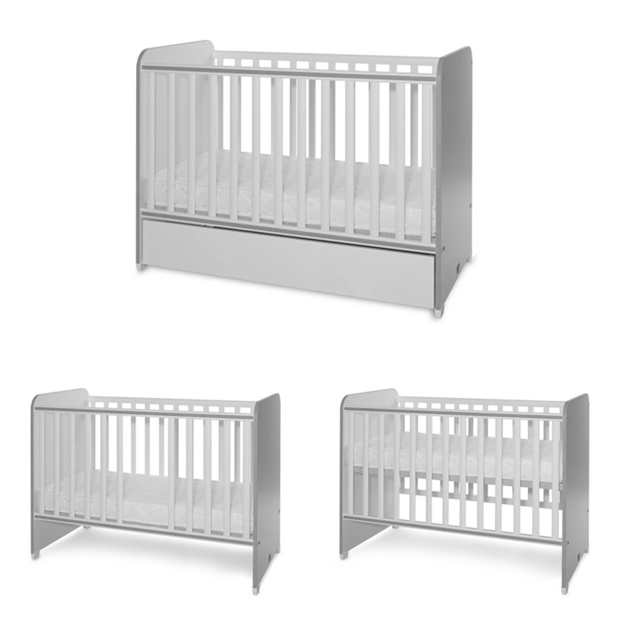 Ein weißes Babybett mit vertikalen Gstäben, einer Matratze und einer unteren Schublade, gezeigt in drei Ansichten.