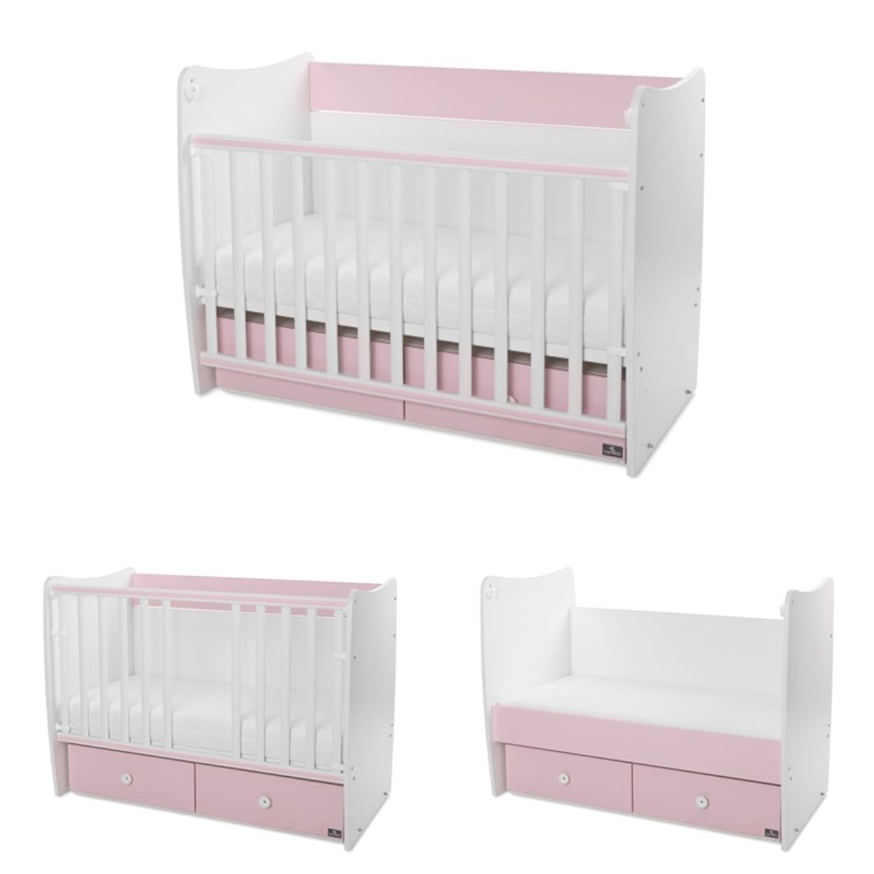 Ein weiß-rosa Babybett mit integrierten Schubladen, gezeigt in verschiedenen Aufbauvarianten vor weißem Hintergrund.