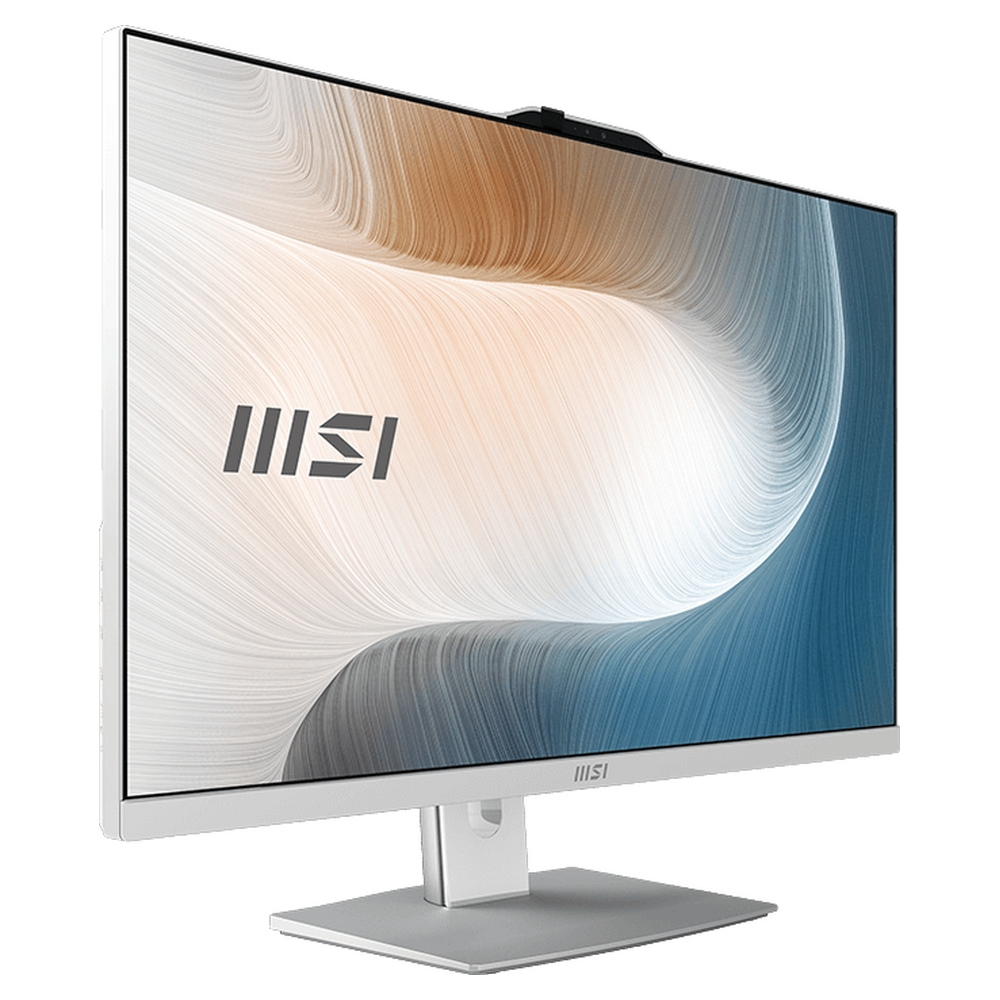 PC all-in-one MSI bianco su supporto argento con sfondo dello schermo astratto blu e marrone.