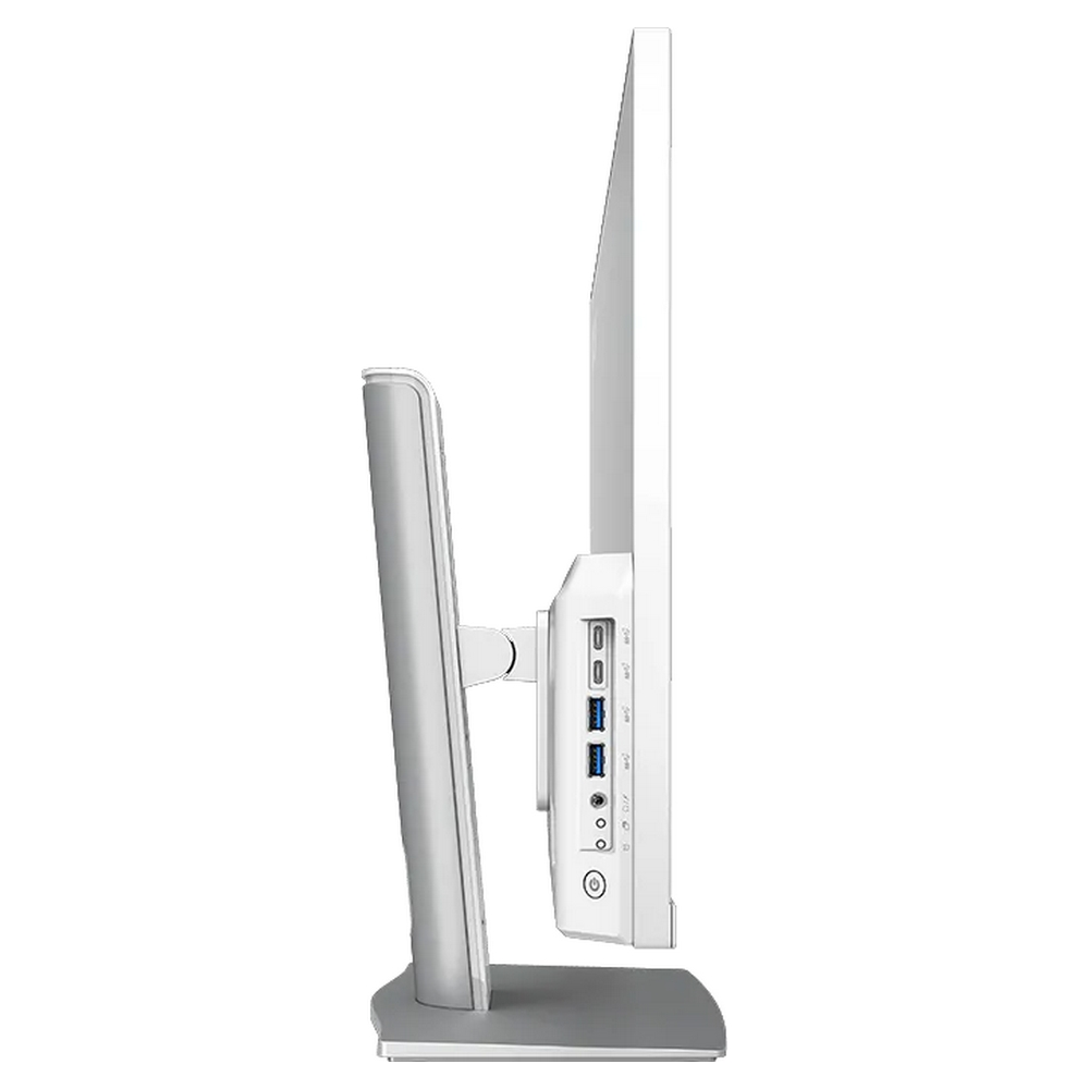 Vista laterale di un computer all-in-one bianco e supporto, che mostra porte USB e jack audio.