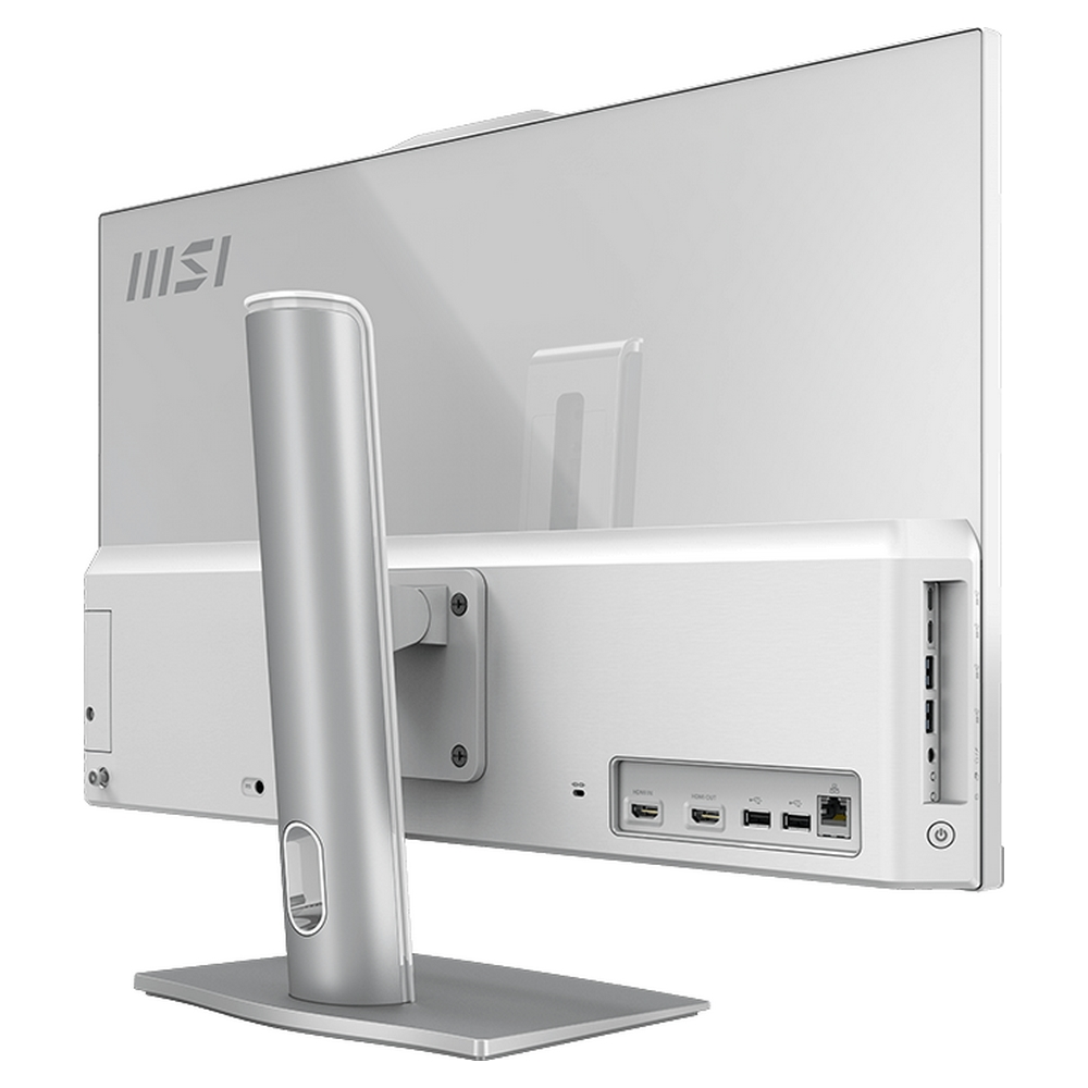 Vista posteriore di un monitor MSI argento su supporto con varie porte.