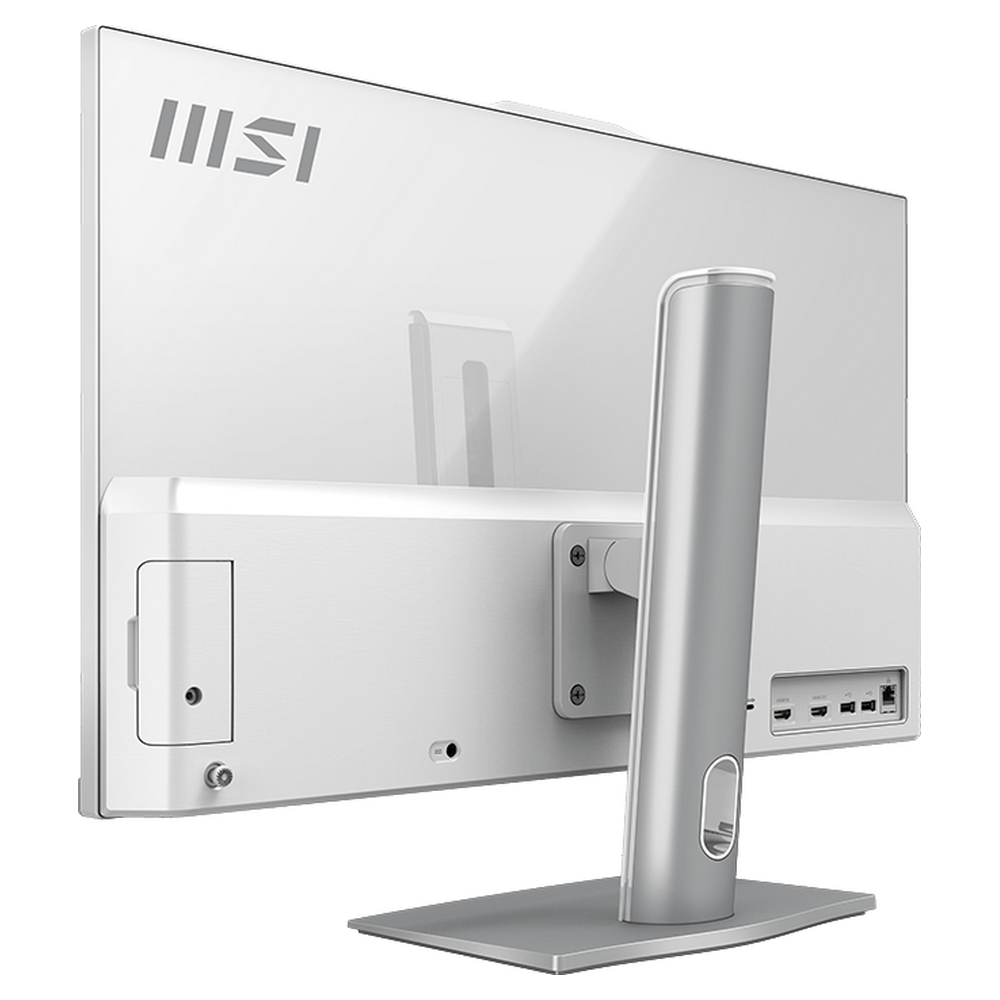 Vista posteriore di un monitor MSI bianco con supporto argentato e porte visibili.