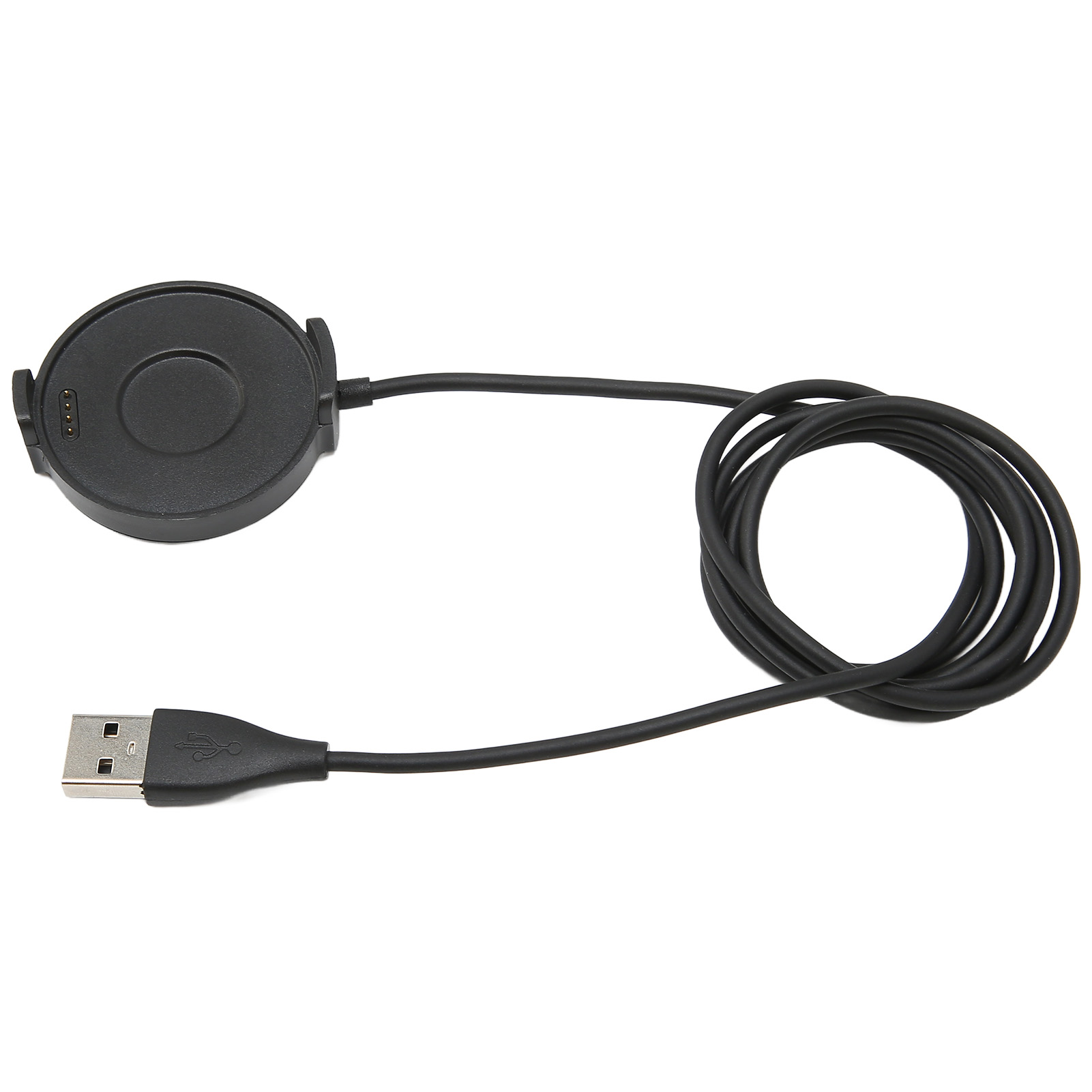 Ein schwarzes Ladekabel mit einem USB-Anschluss und einer runden Ladebasis auf weißem Hintergrund.