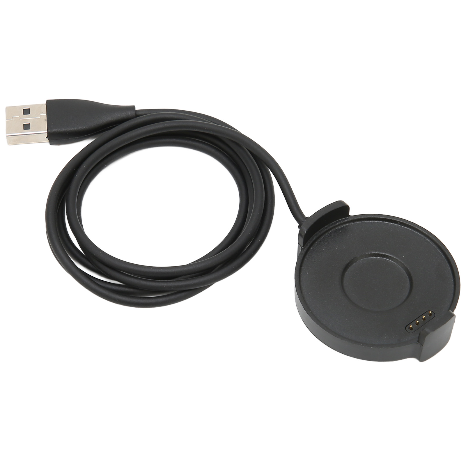 Ein schwarzes Ladekabel mit USB-A-Anschluss und einer runden Ladestation auf weißem Hintergrund.