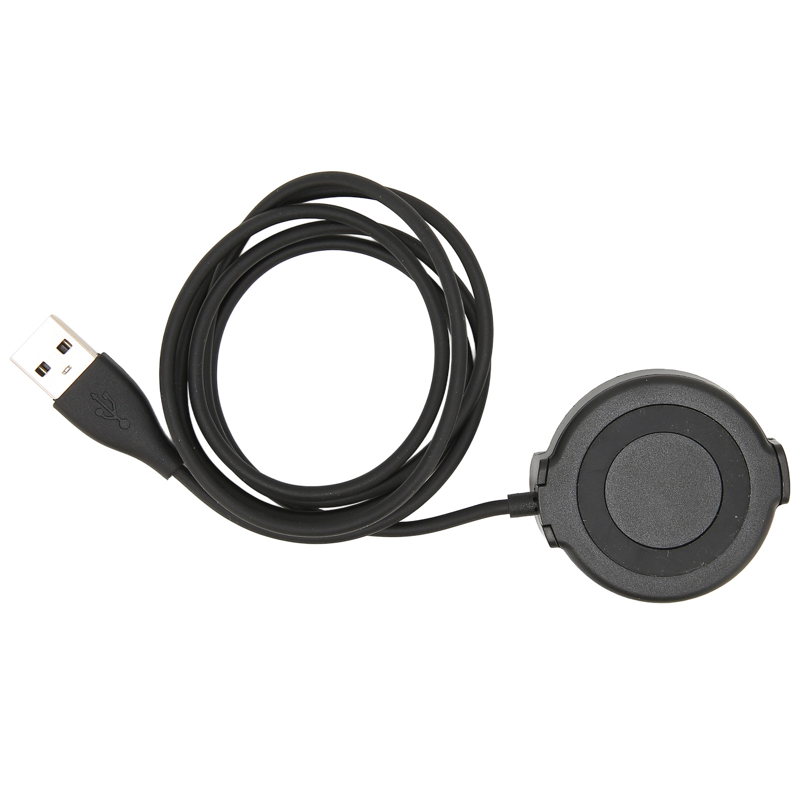 Ein schwarzes Ladekabel mit einem USB-Stecker auf der linken Seite und einem runden magnetischen Lade-Pad auf der rechten Seite.