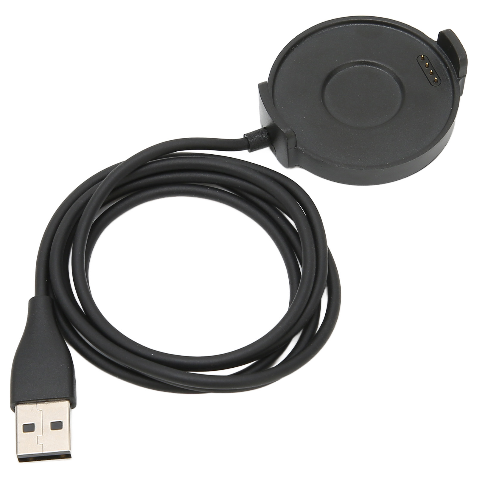 Eine schwarze Smartwatch-Ladestation mit aufgerolltem USB-Kabel und Metall-USB-Stecker auf weißem Hintergrund.