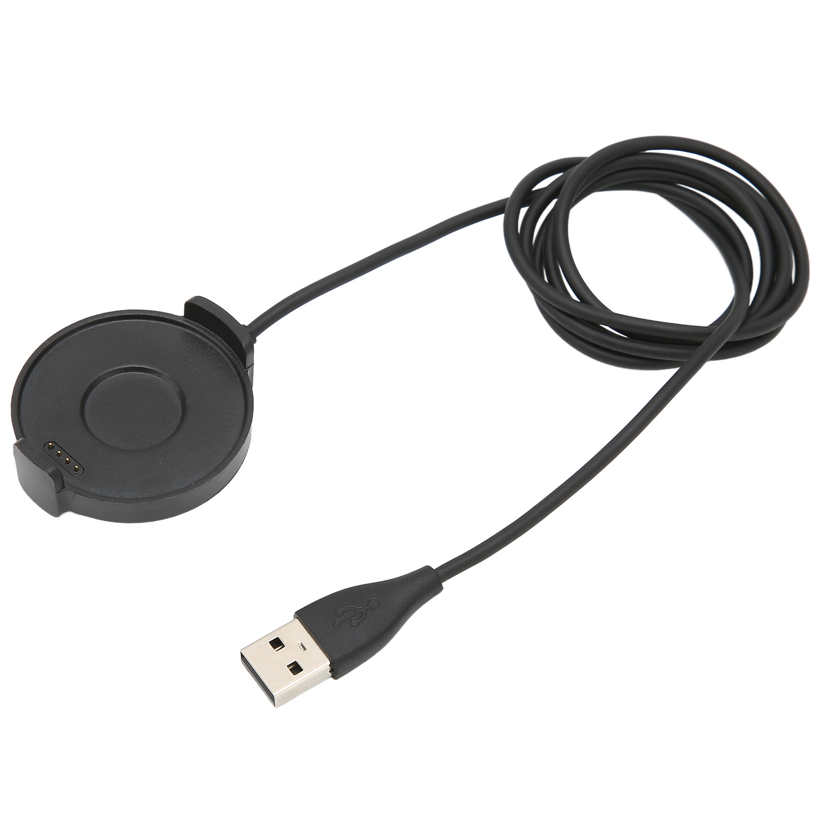 Schwarzes Smartwatch-Ladekabel mit runder Ladestation und USB-Stecker auf weißem Hintergrund.